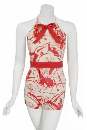 1930's Sandeze Sportswear Novelty Print Linen Backless Halter Playsuit & Jacket