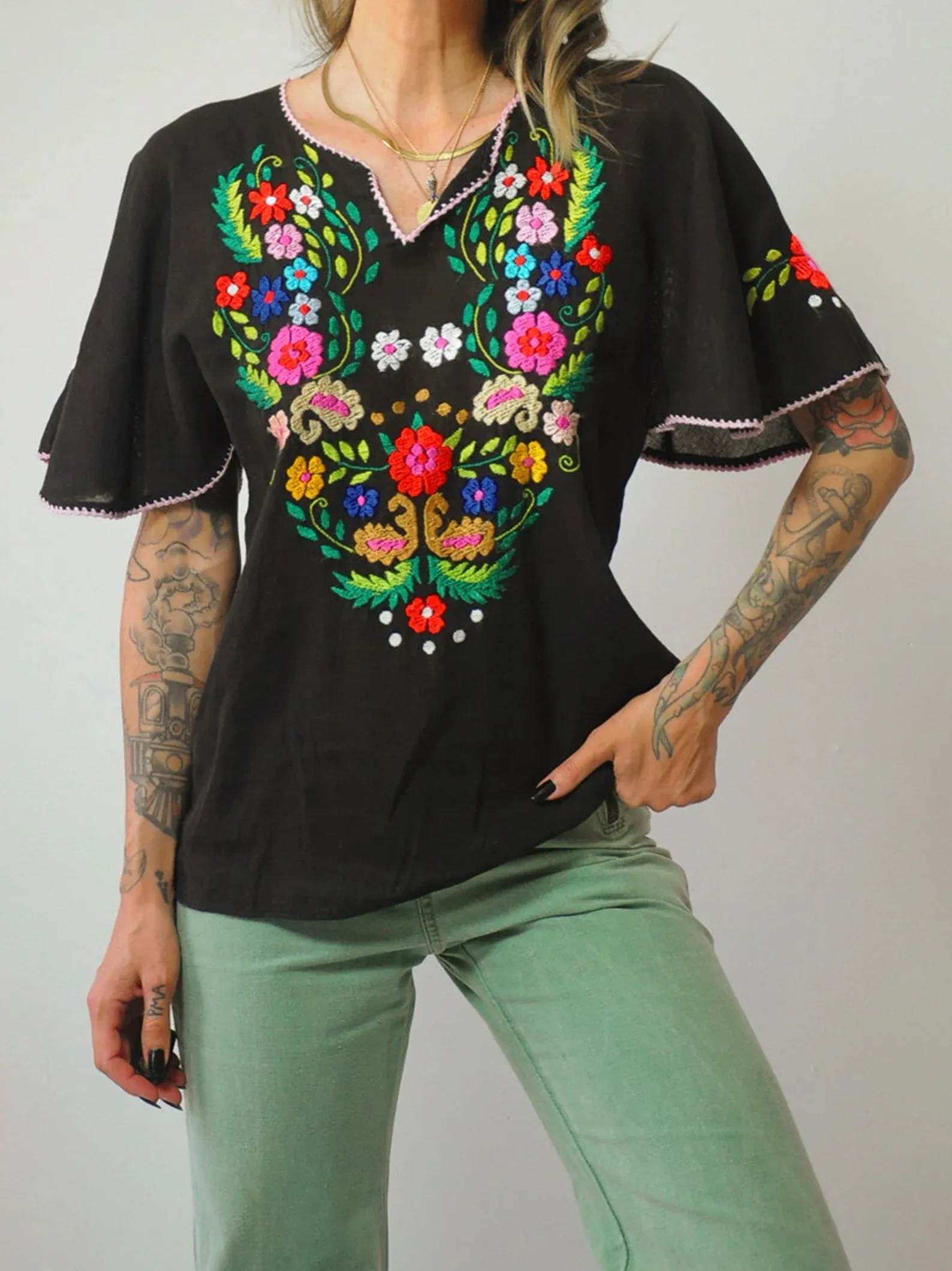 1970's Black Embroidered Floral Blouse