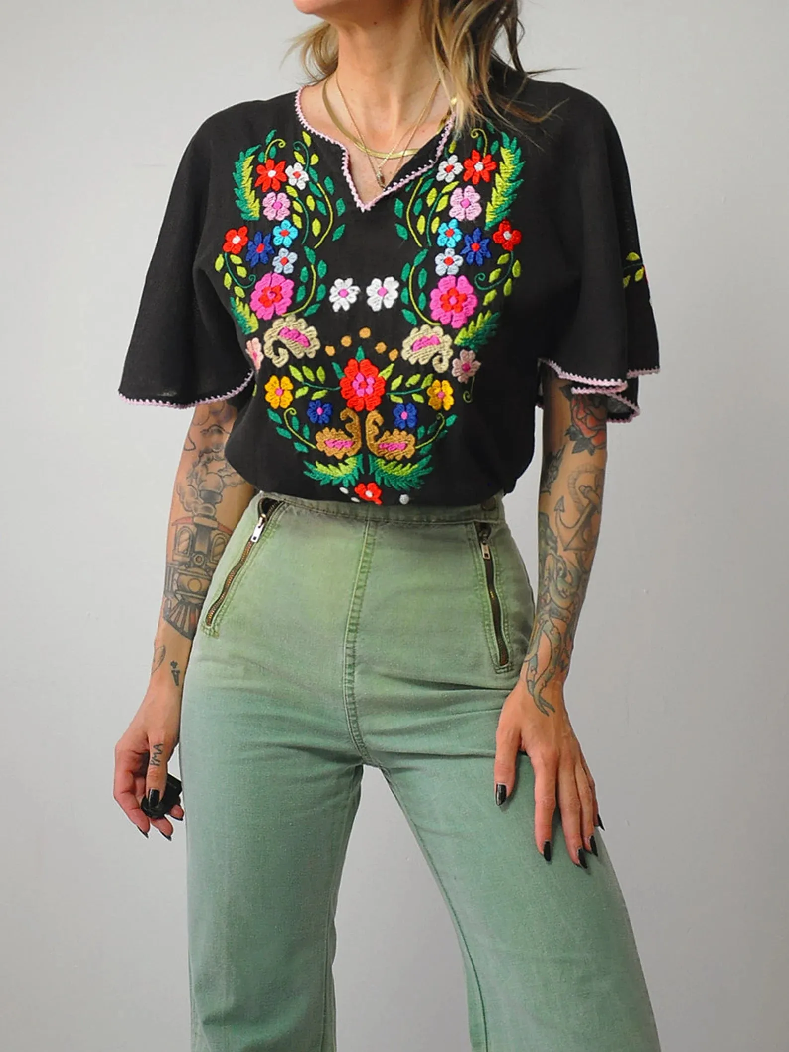 1970's Black Embroidered Floral Blouse