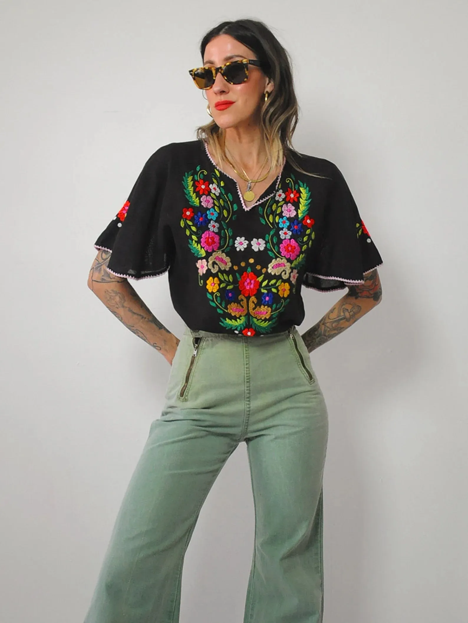 1970's Black Embroidered Floral Blouse