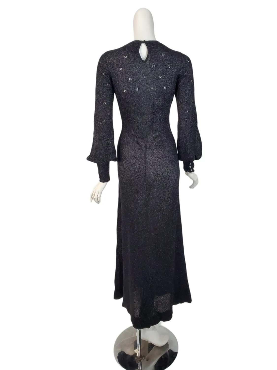 60s/70s Black Metallic Pointelle Knit Maxi Dress - sm, med