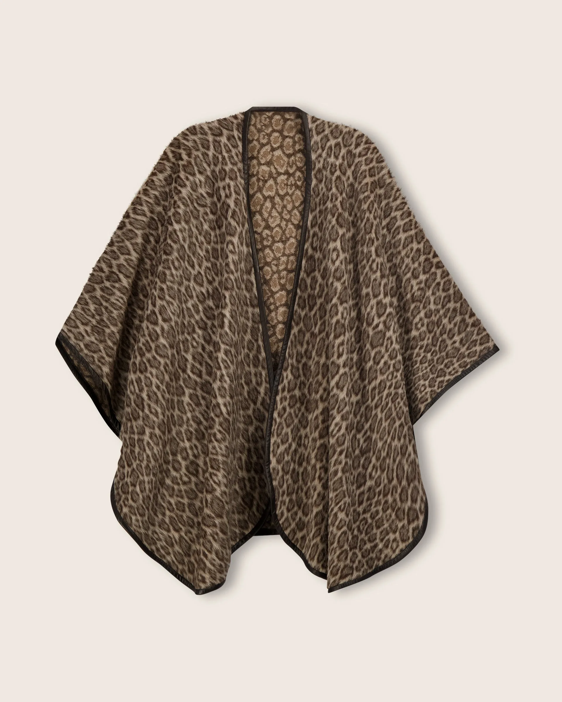 Alpaca Leopard-Print Cape with Leather Trim