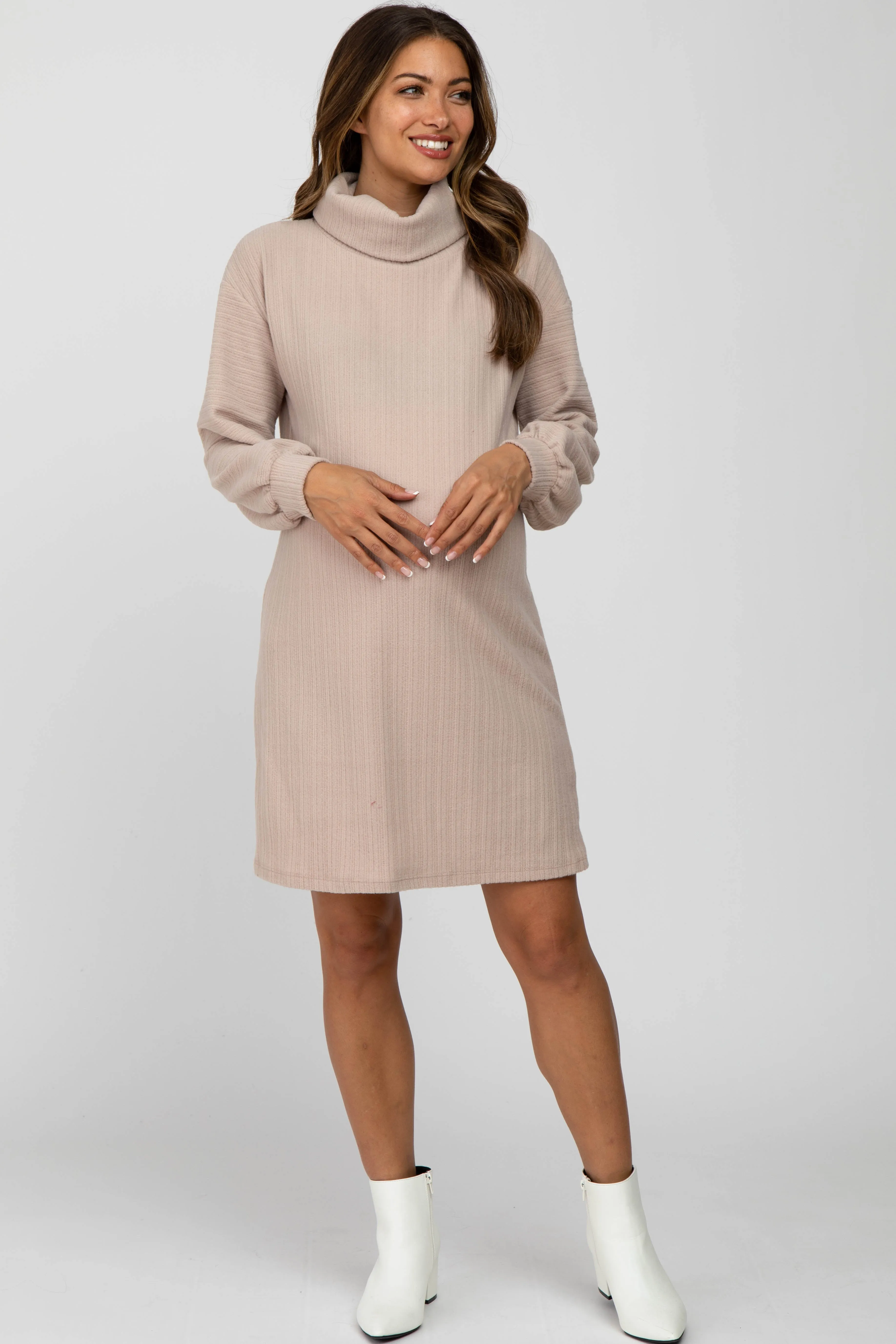 Beige Brushed Rib Turtleneck Maternity Dress