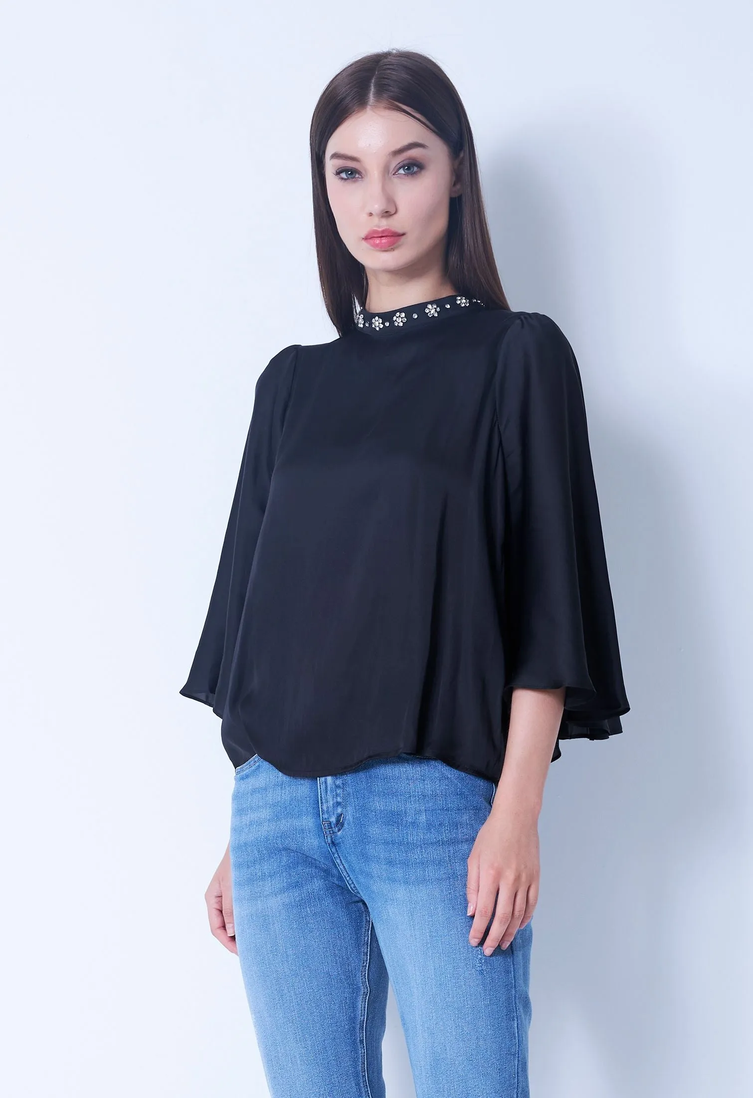 Embellished Cape High Neck Blouse