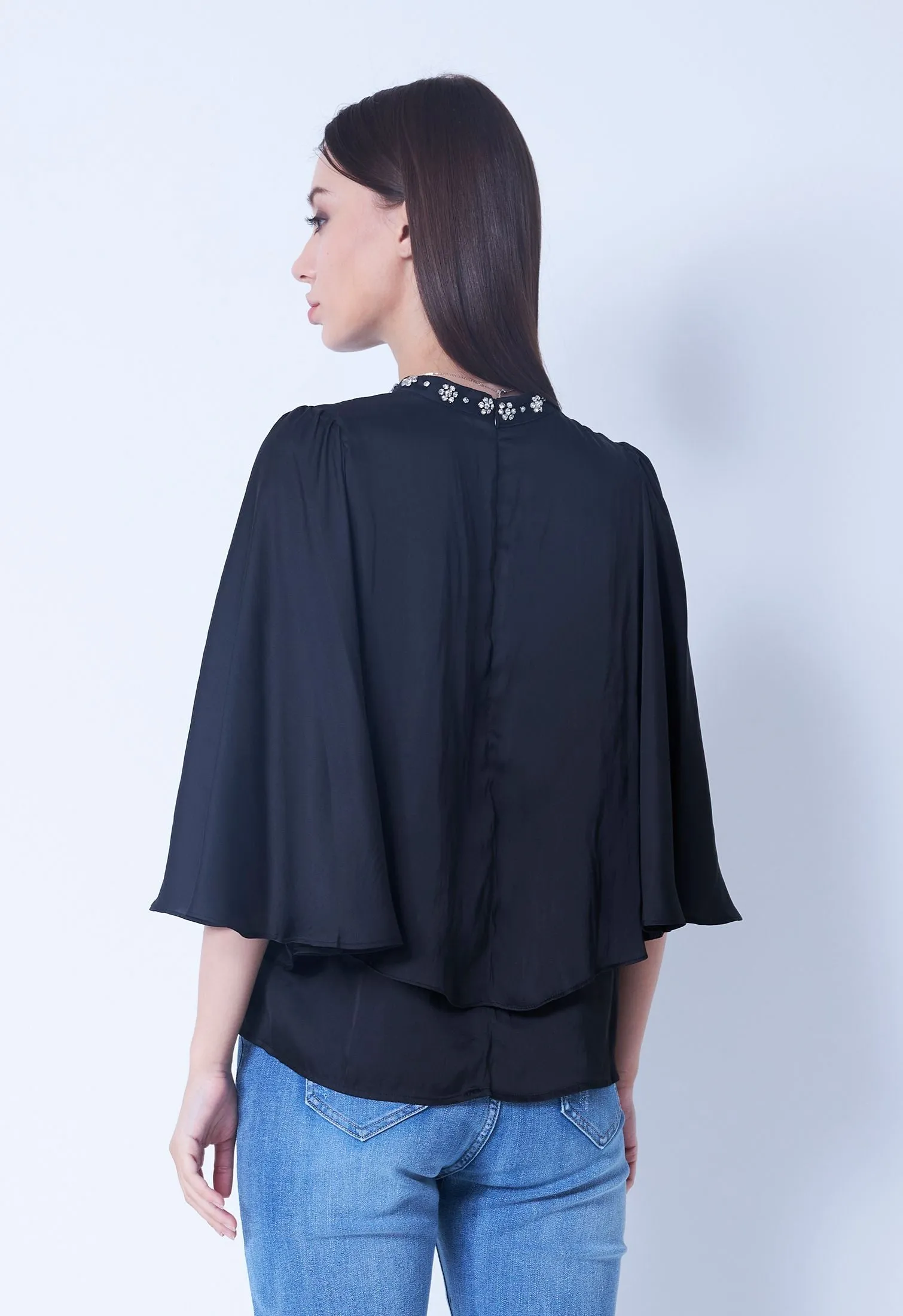 Embellished Cape High Neck Blouse