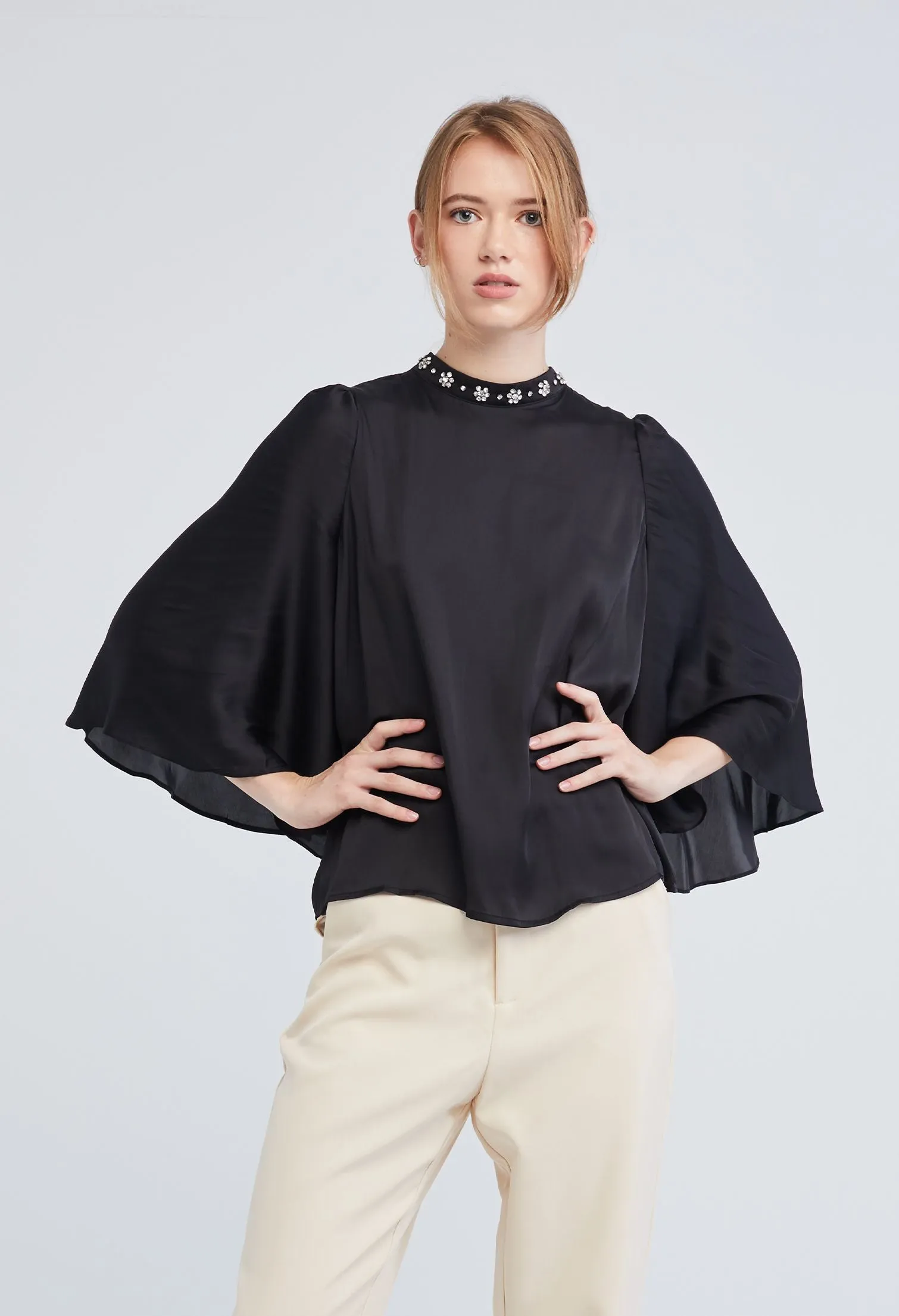 Embellished Cape High Neck Blouse