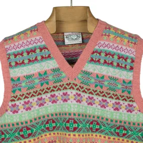 Fair Isle v-neck sweater vest, watermelon pink, mint green, red, and lilac (restock)