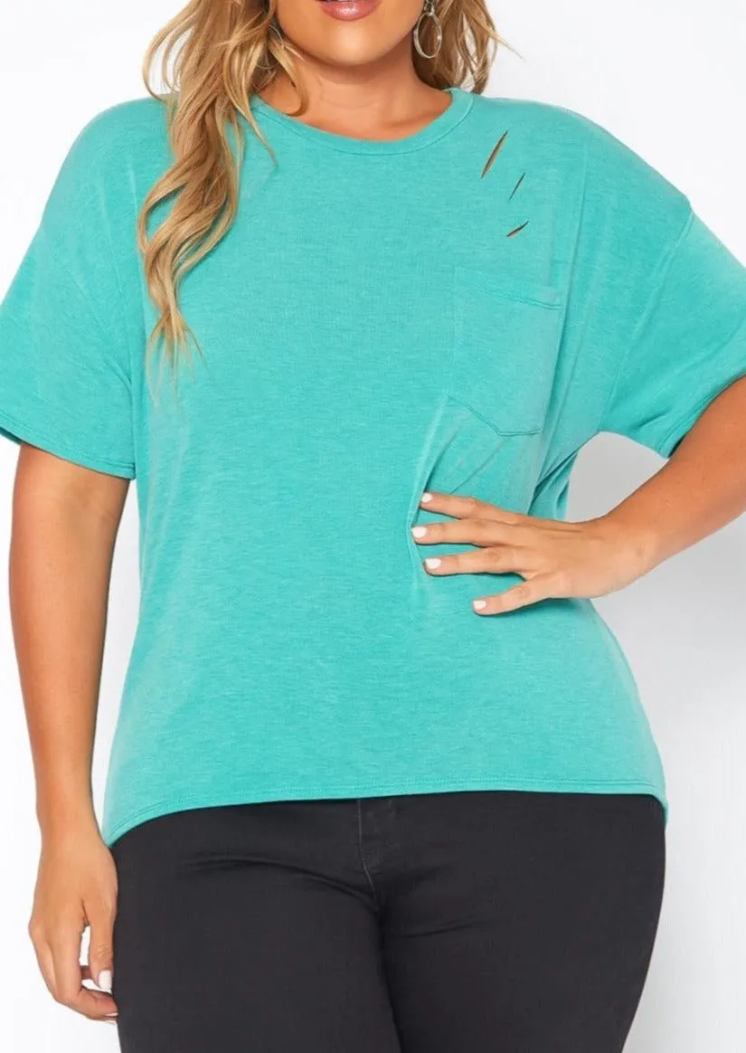 Hi Curvy Plus Size Women Distressed Crew Neck T-Shirt