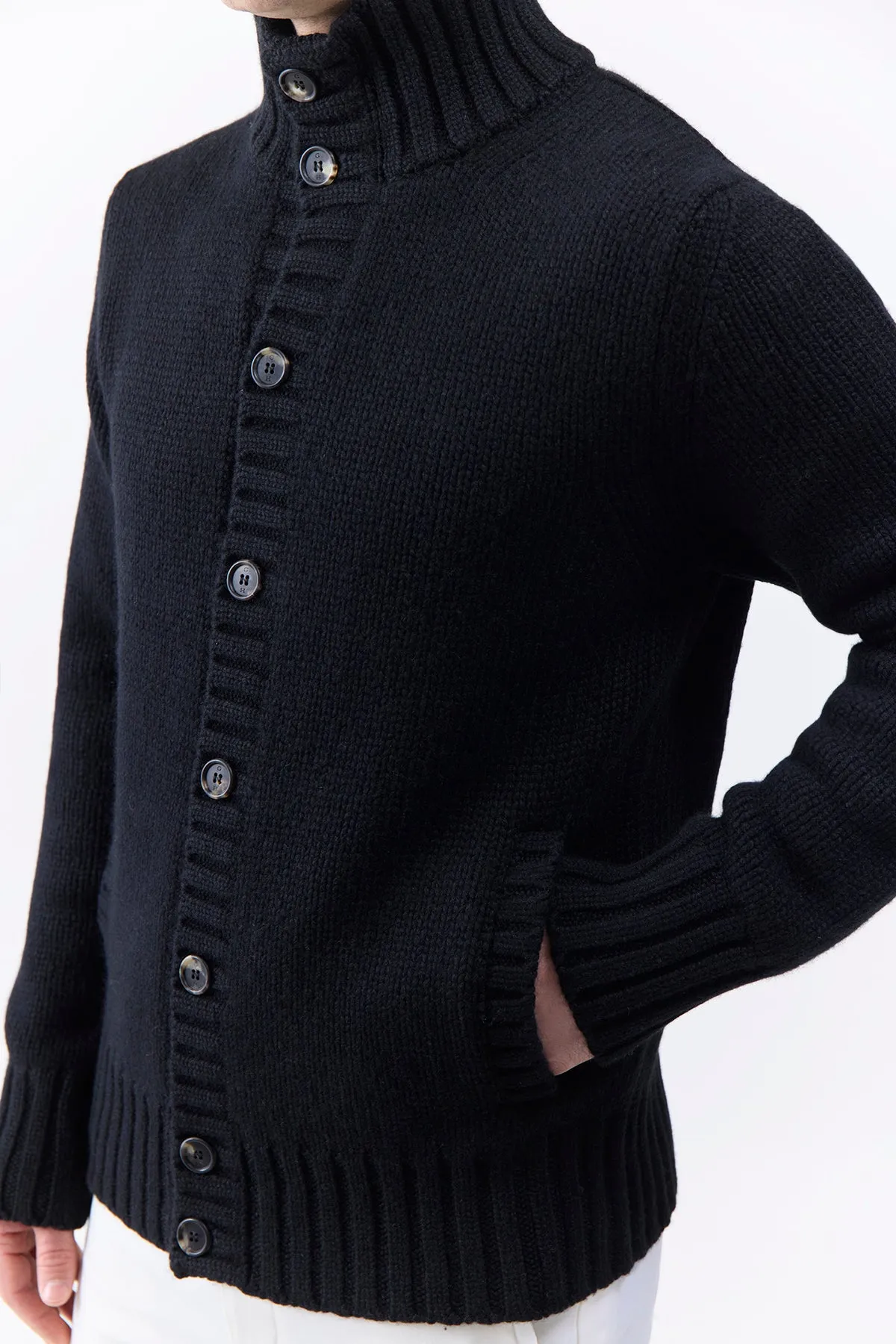 Jacobo Knit Turtleneck Cardigan in Black Cashmere