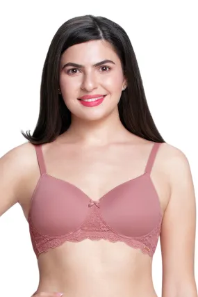 Lace Elegance Solid Padded Non-Wired Bra - Dusty Rose