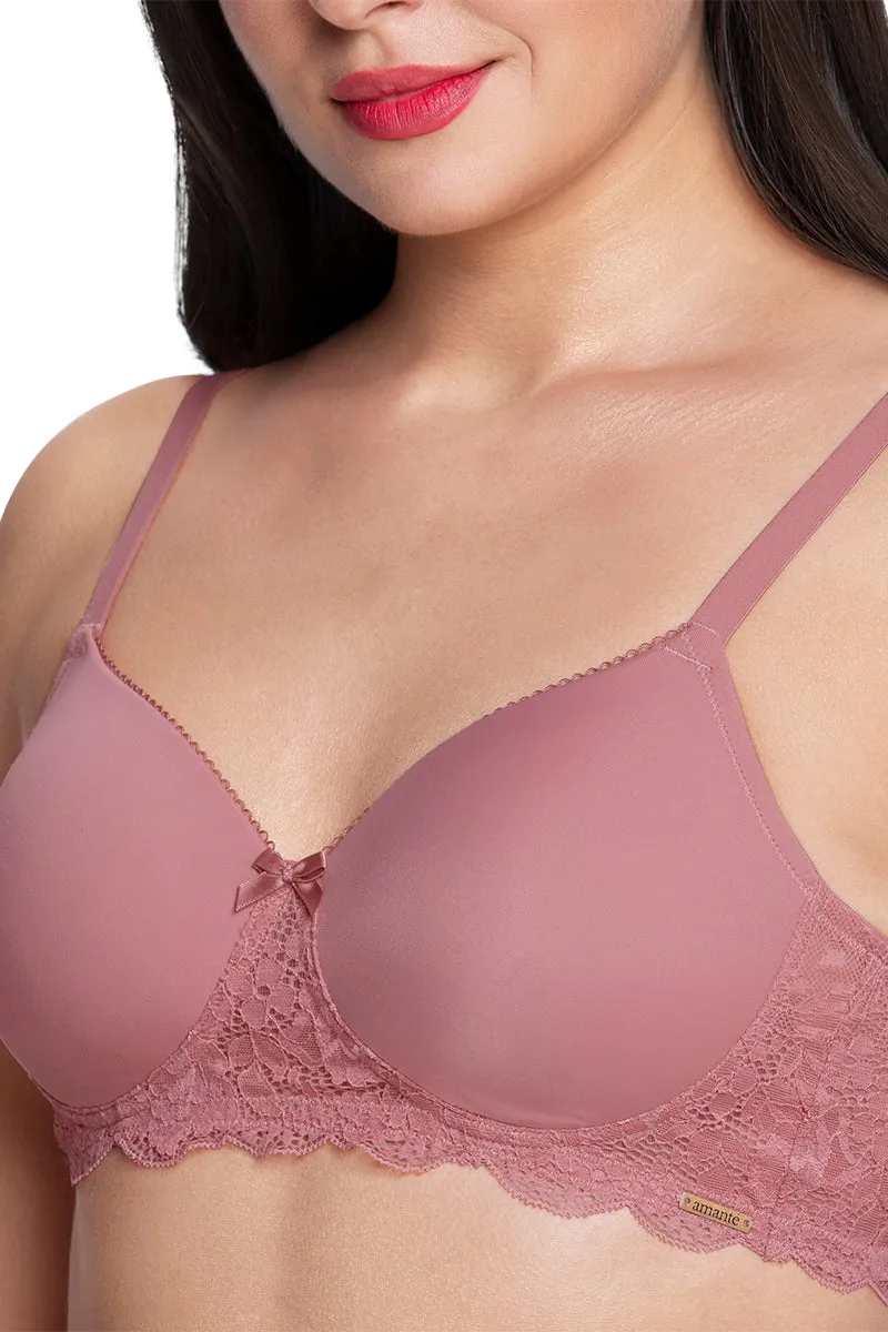 Lace Elegance Solid Padded Non-Wired Bra - Dusty Rose