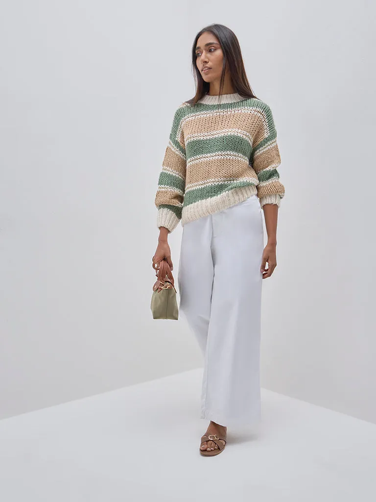 LOV Beige Colour-Blocked Crochet Sweater