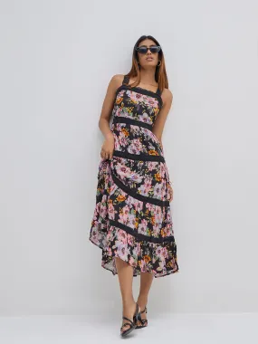 LOV Black Floral Printed Tiered Dress