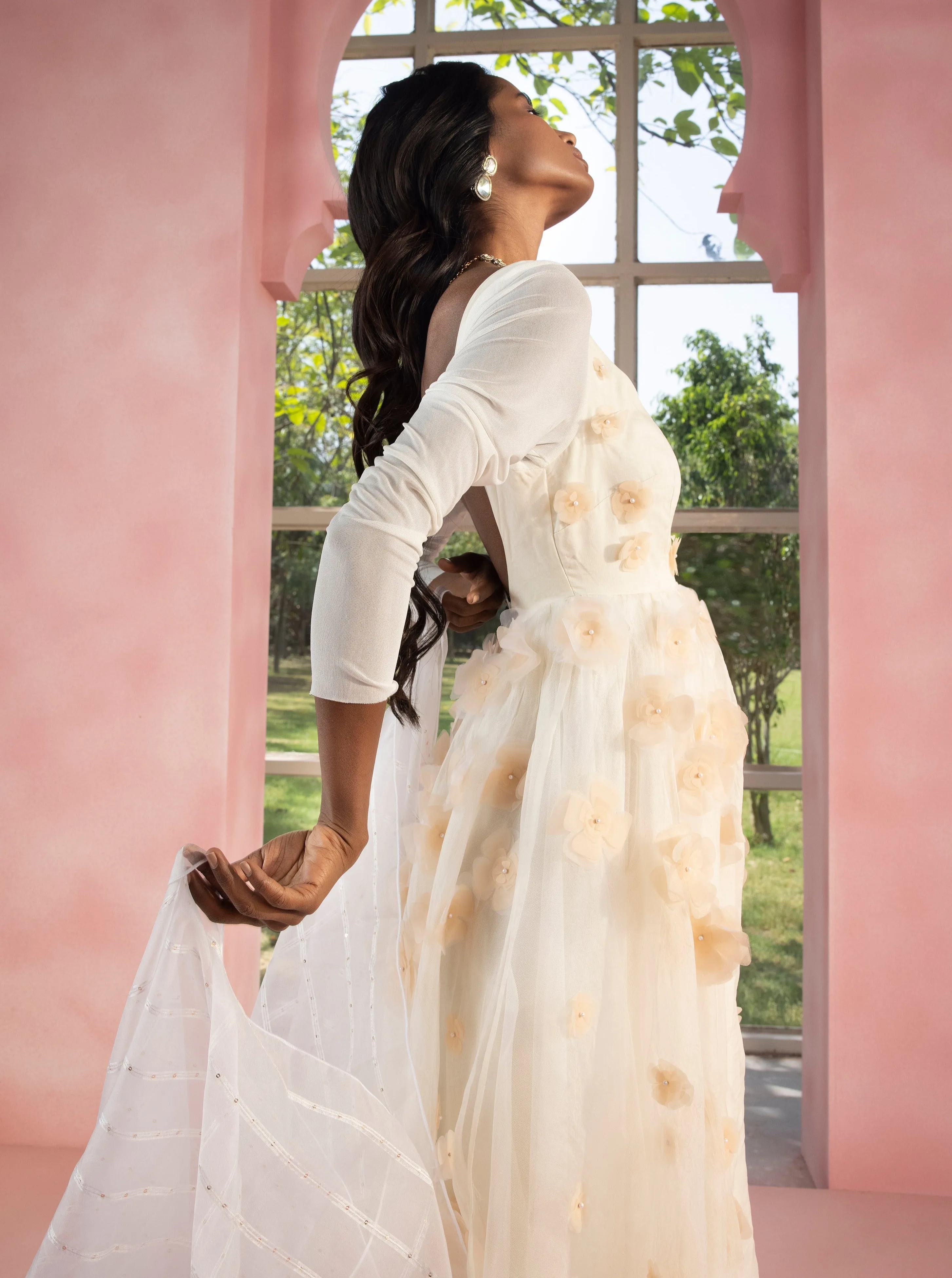 Mehreen White 3-D Flower Embroidered Organza Anarkali with Churidar