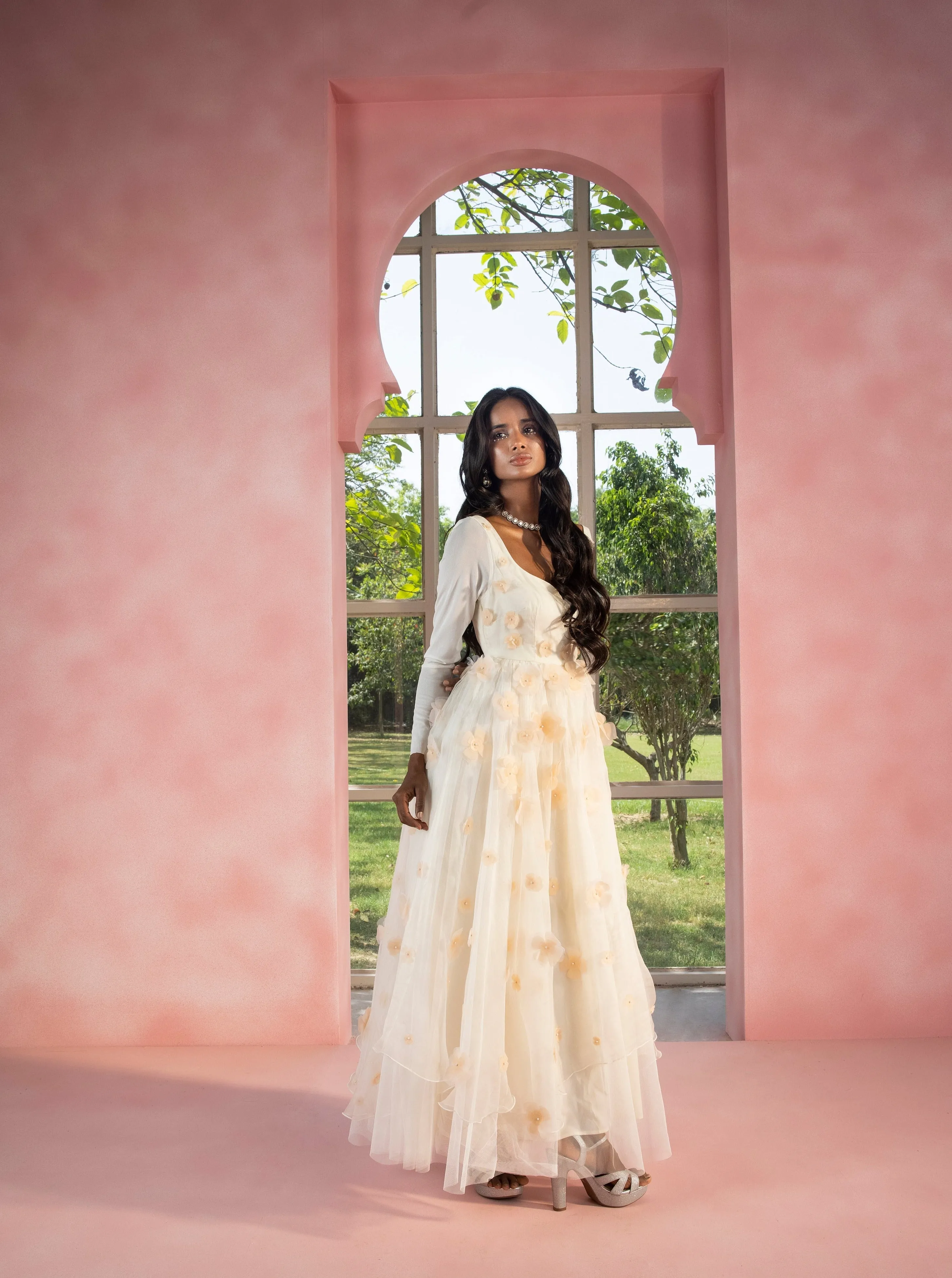 Mehreen White 3-D Flower Embroidered Organza Anarkali with Churidar