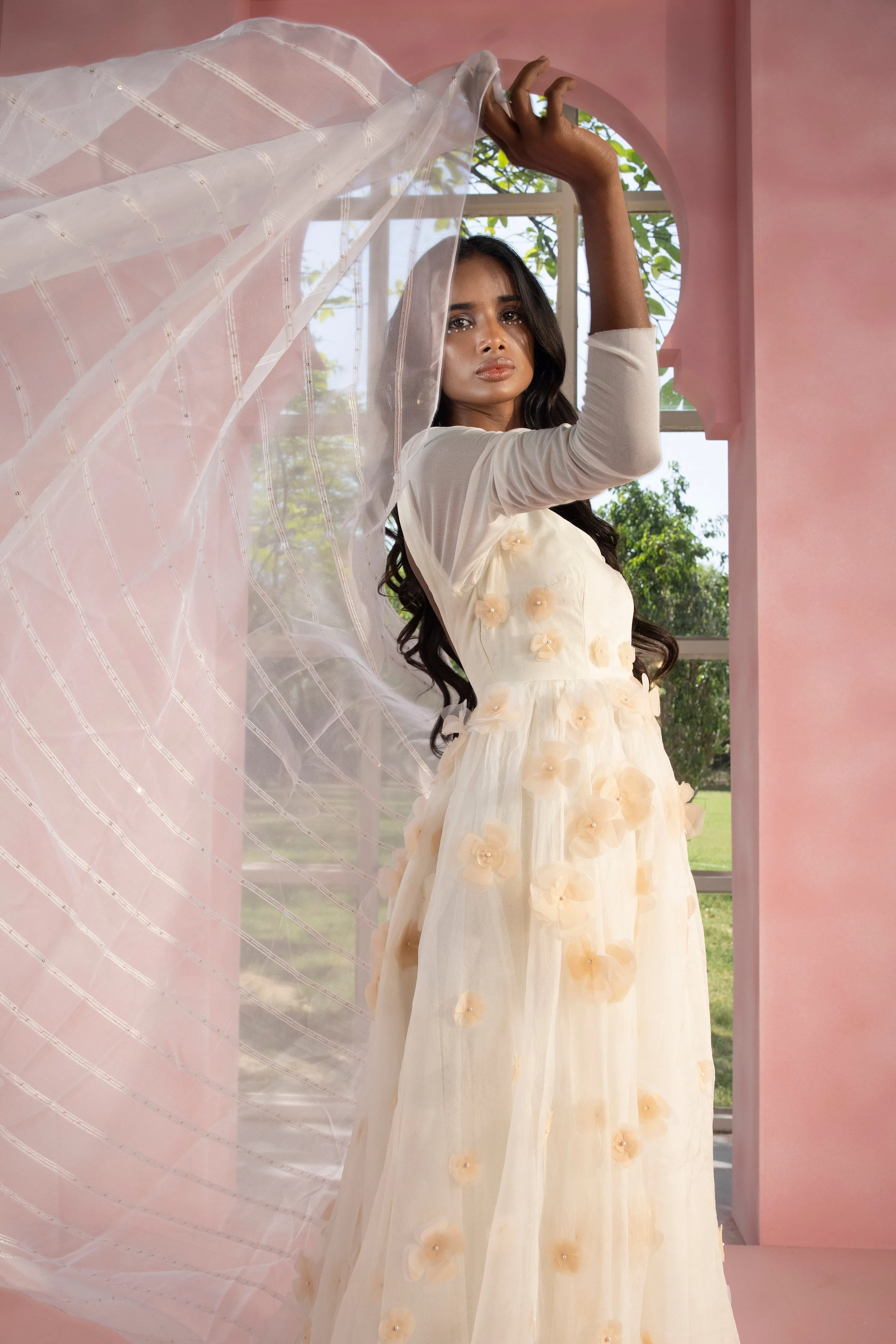 Mehreen White 3-D Flower Embroidered Organza Anarkali with Churidar