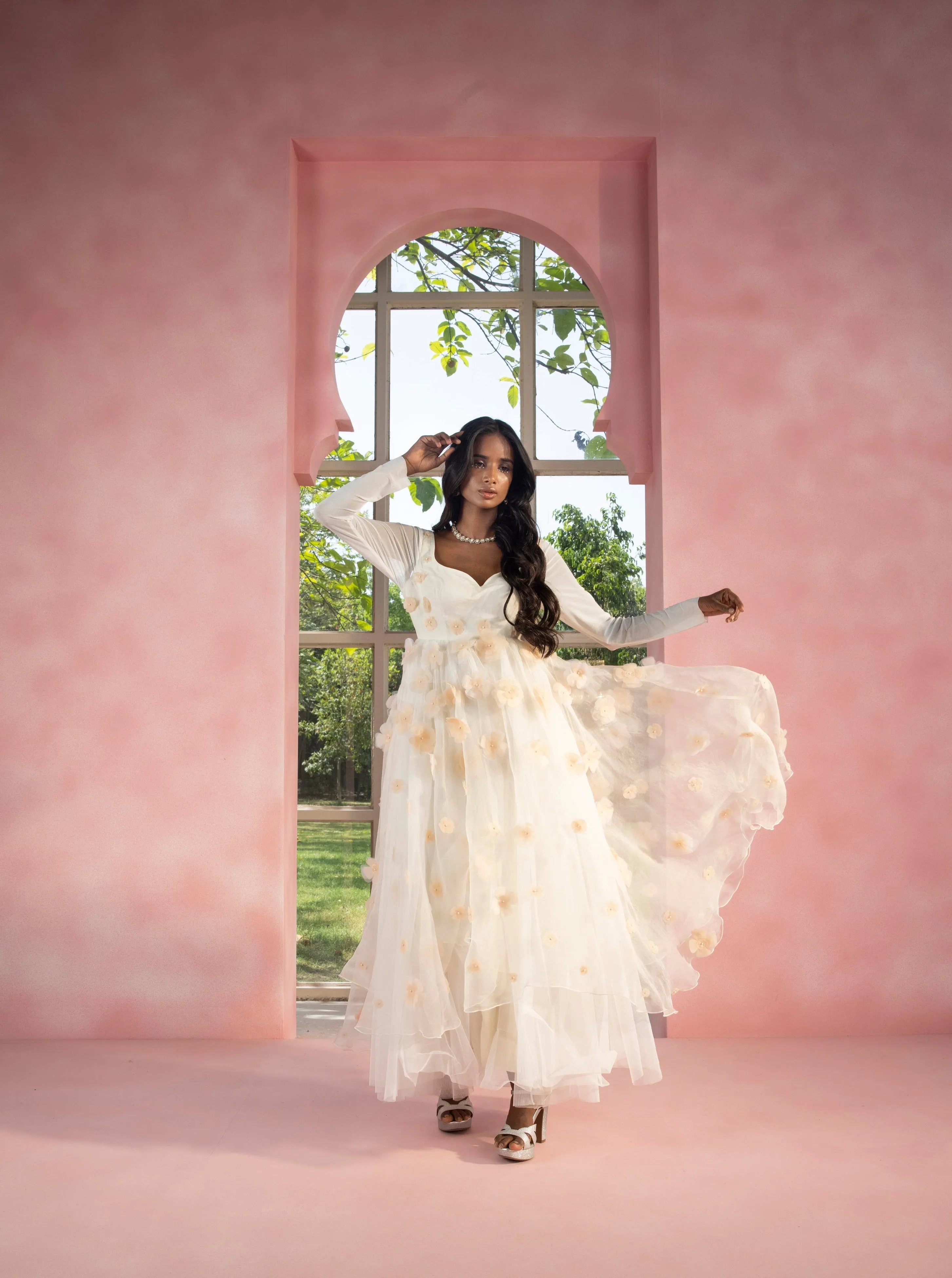 Mehreen White 3-D Flower Embroidered Organza Anarkali with Churidar