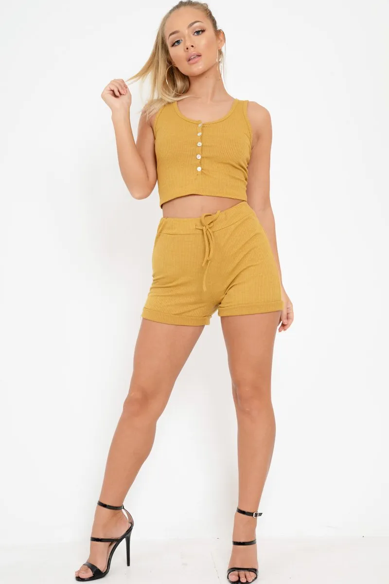 Mustard Ribbed Button Top And Shorts Co-ord - Kenidi