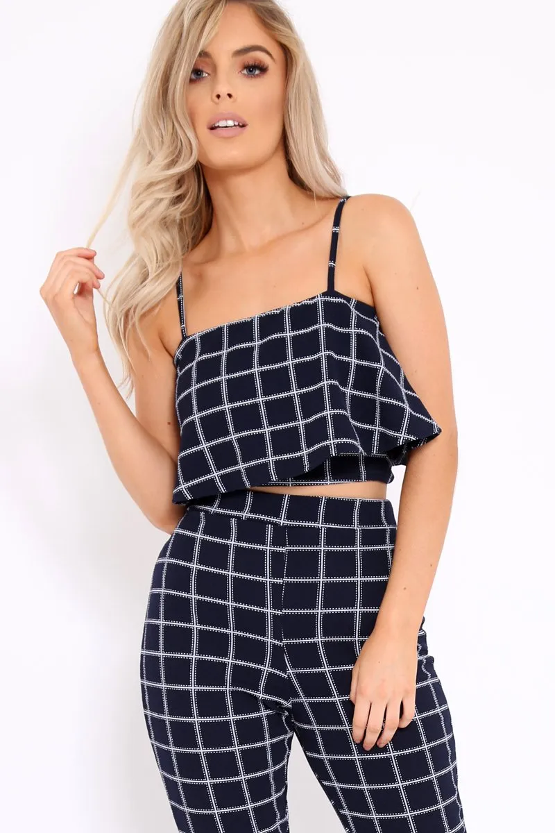 Navy Checked Crop Top and Trousers Co-ord Set - Linda