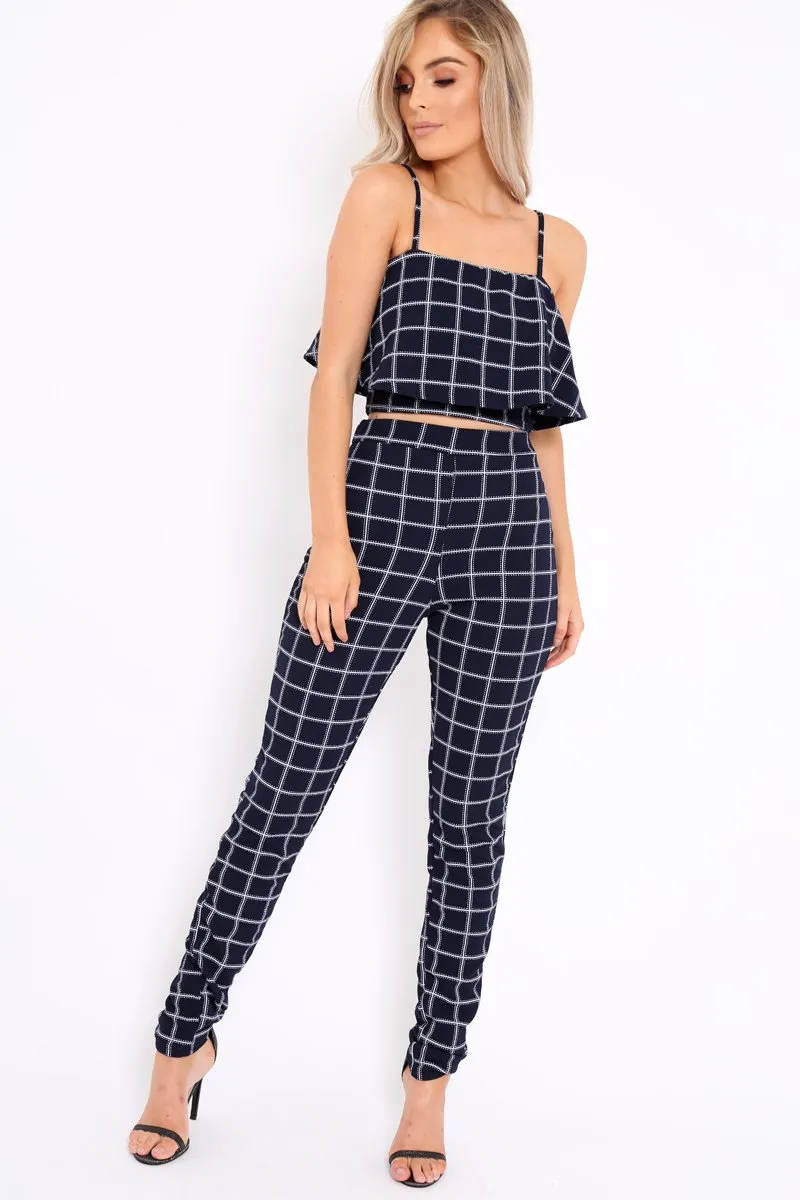 Navy Checked Crop Top and Trousers Co-ord Set - Linda