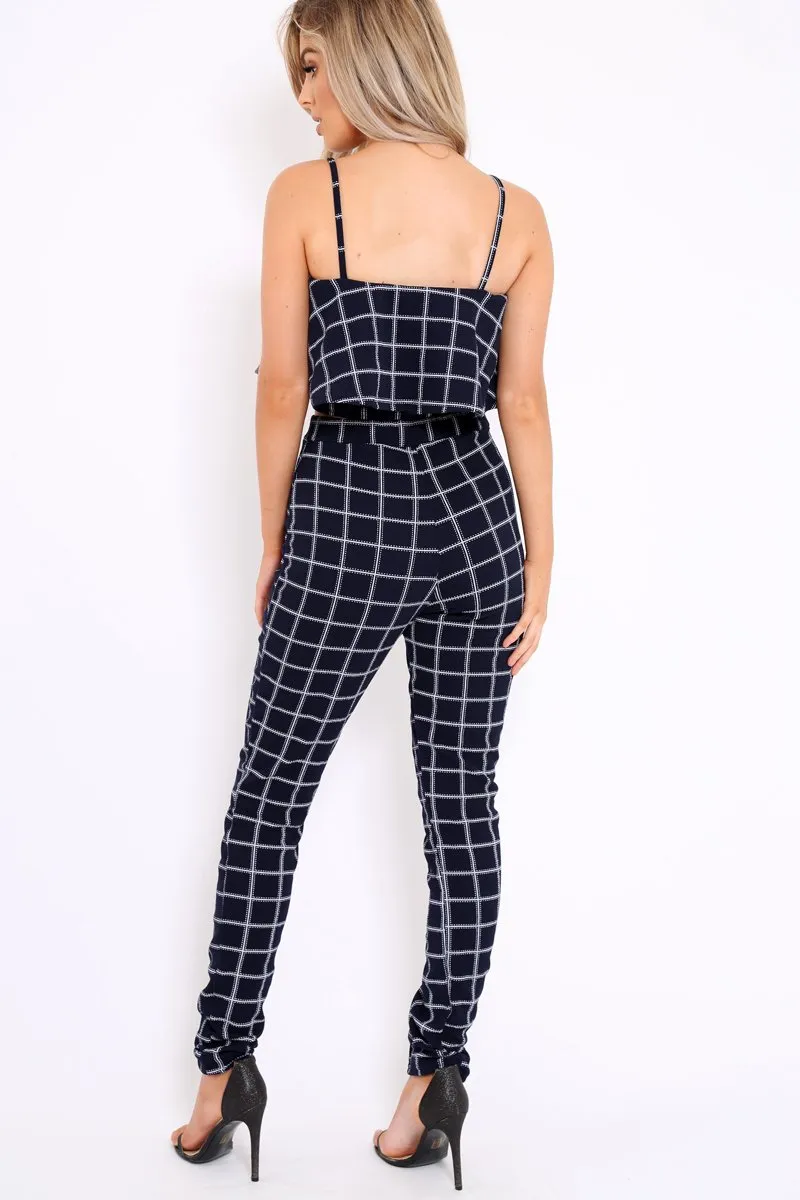 Navy Checked Crop Top and Trousers Co-ord Set - Linda