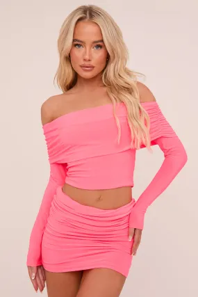 Pink Bardot Cropped Top & Mini Skirt Co-ord Set - Ariel