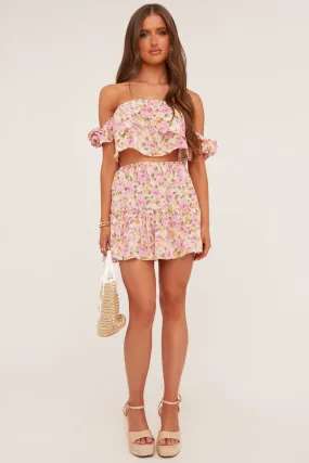 Pink Floral Print Bardot Crop Top & Mini Skirt Co-ord Set - Kayle