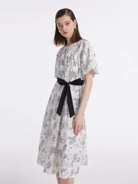 Puff Sleeves Iris Printed Women Midi Dress With Belts