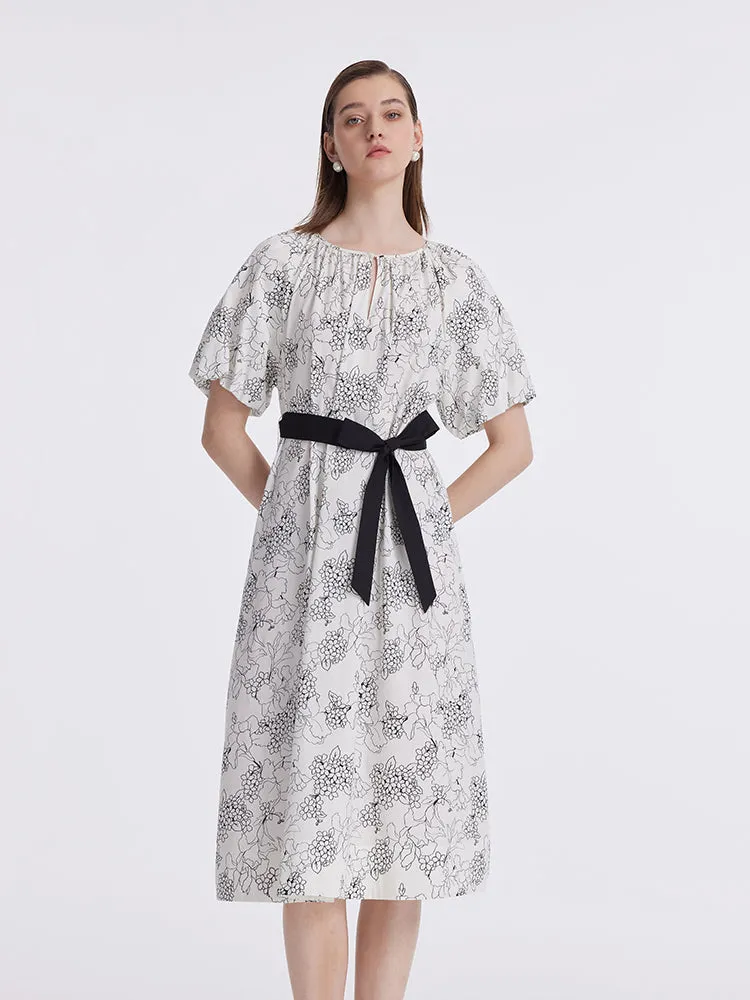 Puff Sleeves Iris Printed Women Midi Dress With Belts