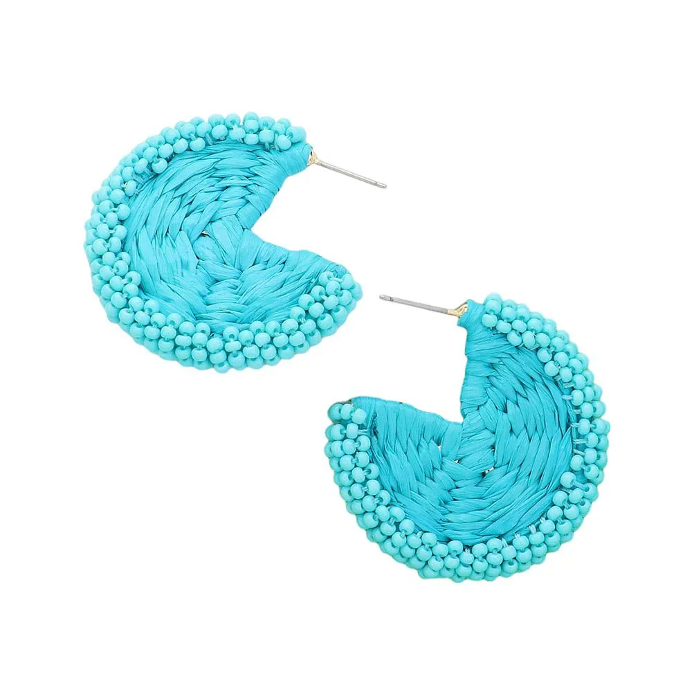 Raffia Wrapped Seed Beaded Round Earrings