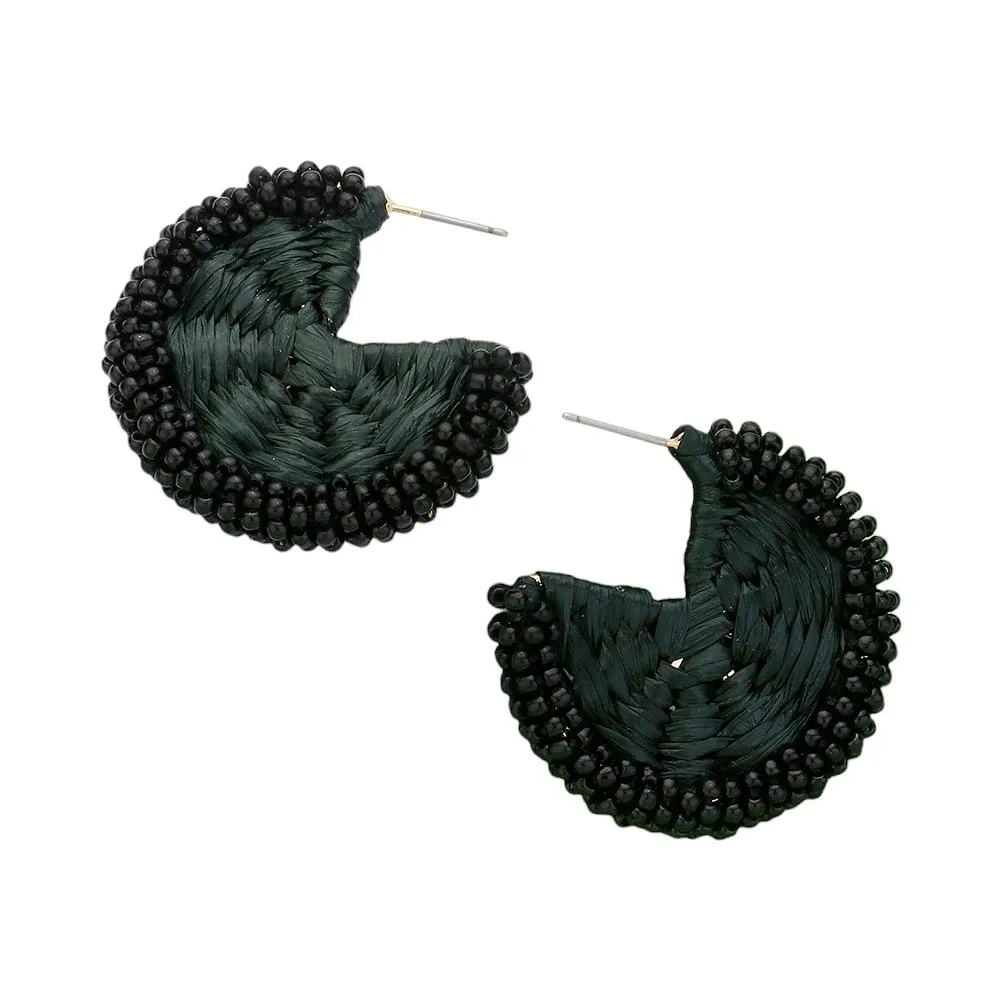 Raffia Wrapped Seed Beaded Round Earrings