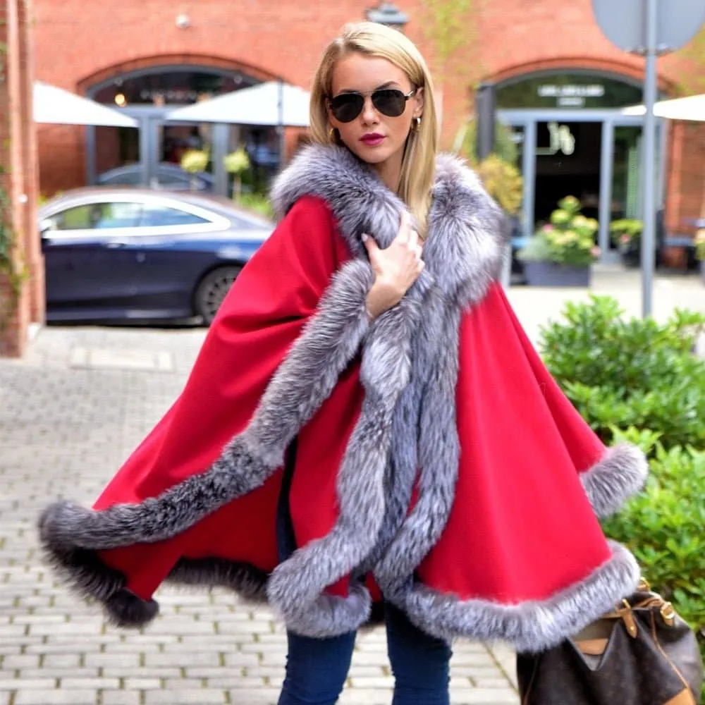 Silver Fox Fur Trimmed Cape - Luxurious Fashion-Forward Design