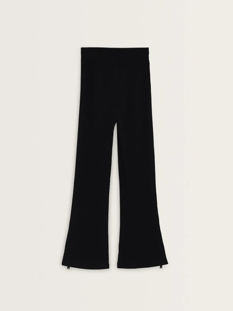 Studiofit Black Ribbed Textured High-Rise Track Pants