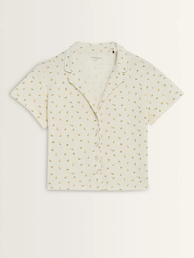 Superstar Ivory Floral Design Waffle-Textured Shirt