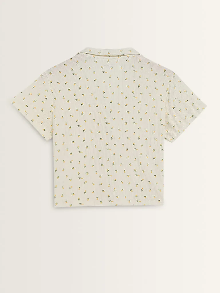 Superstar Ivory Floral Design Waffle-Textured Shirt