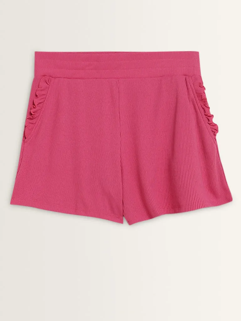 Superstar Pink Ribbed Textured High-Rise Shorts