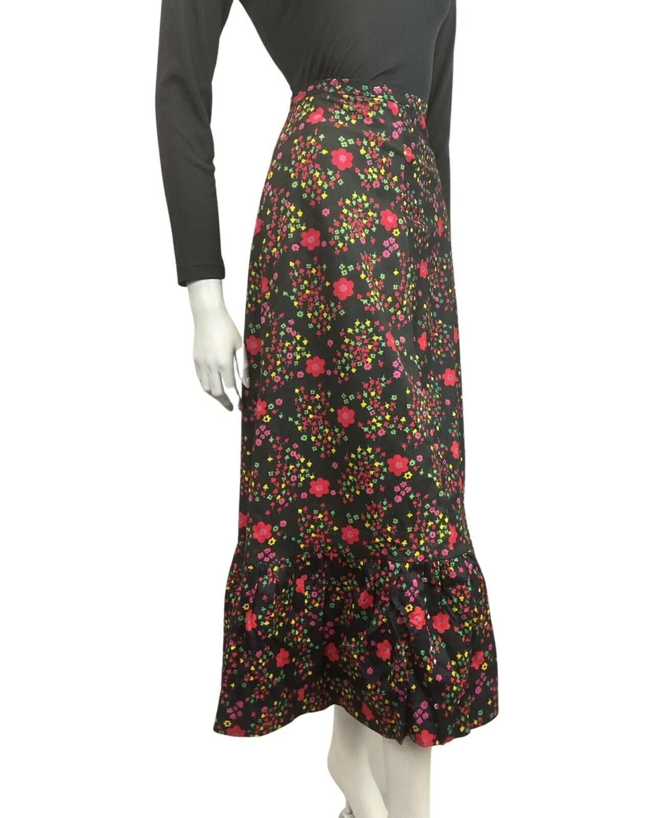 VINTAGE 60s 70s BLACK RED PINK GREEN FLORAL DAISY MOD BOHO MAXI SKIRT 8