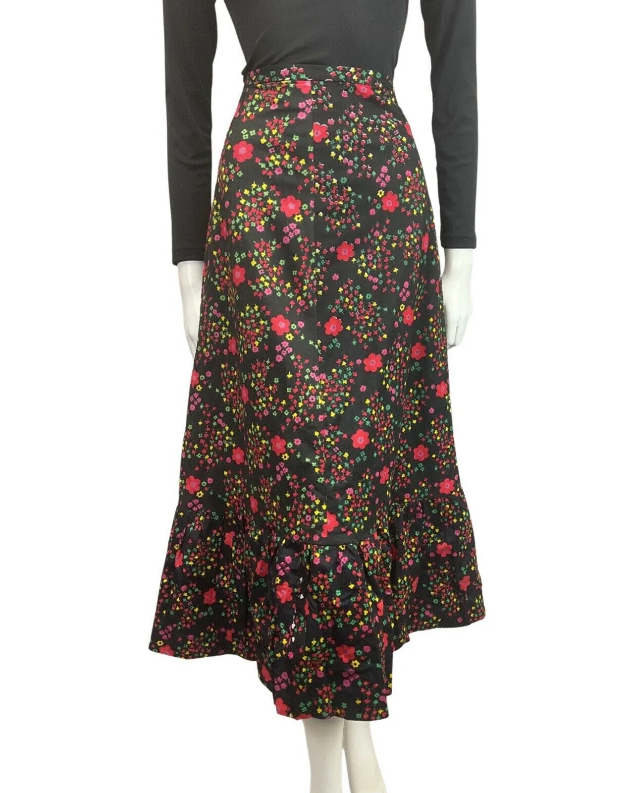 VINTAGE 60s 70s BLACK RED PINK GREEN FLORAL DAISY MOD BOHO MAXI SKIRT 8