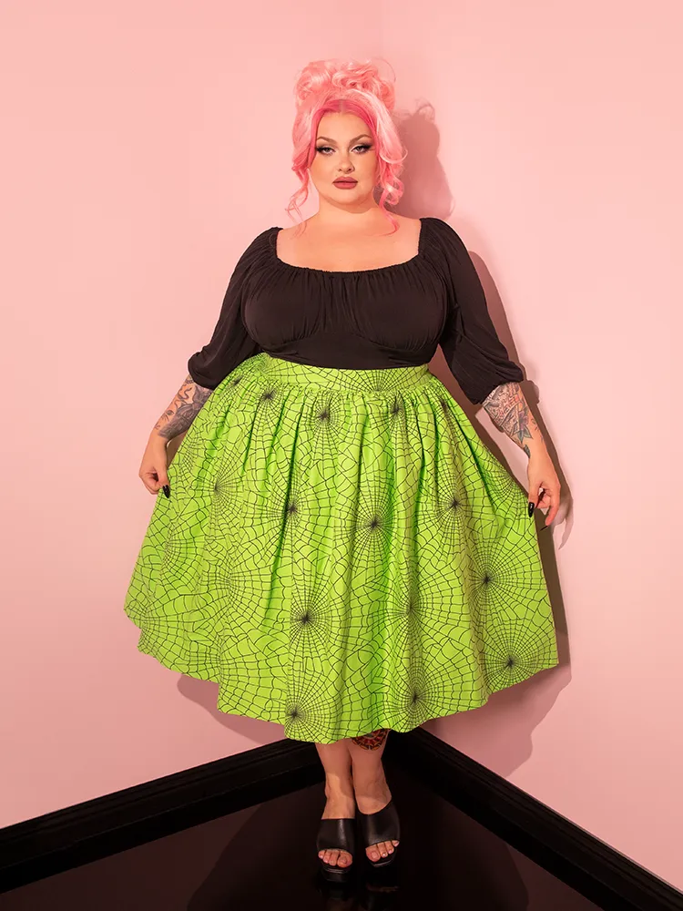 Vixen Swing Skirt in Slime Green Spider Web Print - Vixen by Micheline Pitt