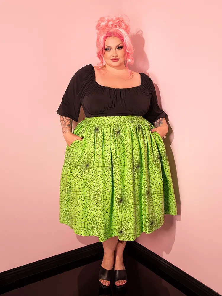 Vixen Swing Skirt in Slime Green Spider Web Print - Vixen by Micheline Pitt