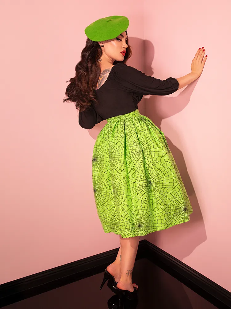 Vixen Swing Skirt in Slime Green Spider Web Print - Vixen by Micheline Pitt