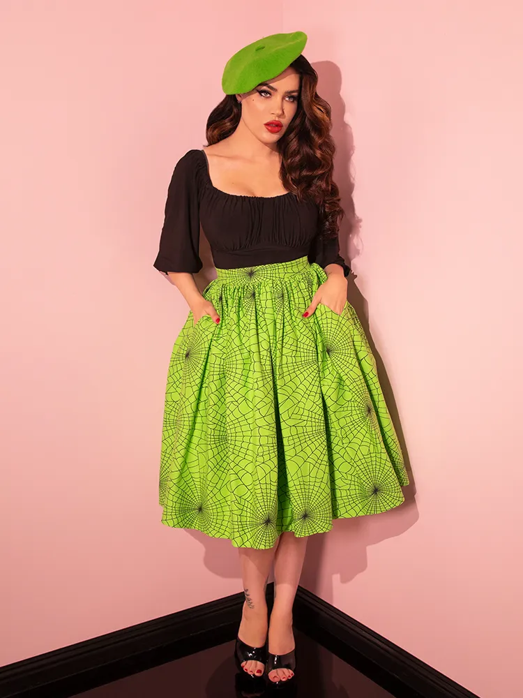 Vixen Swing Skirt in Slime Green Spider Web Print - Vixen by Micheline Pitt