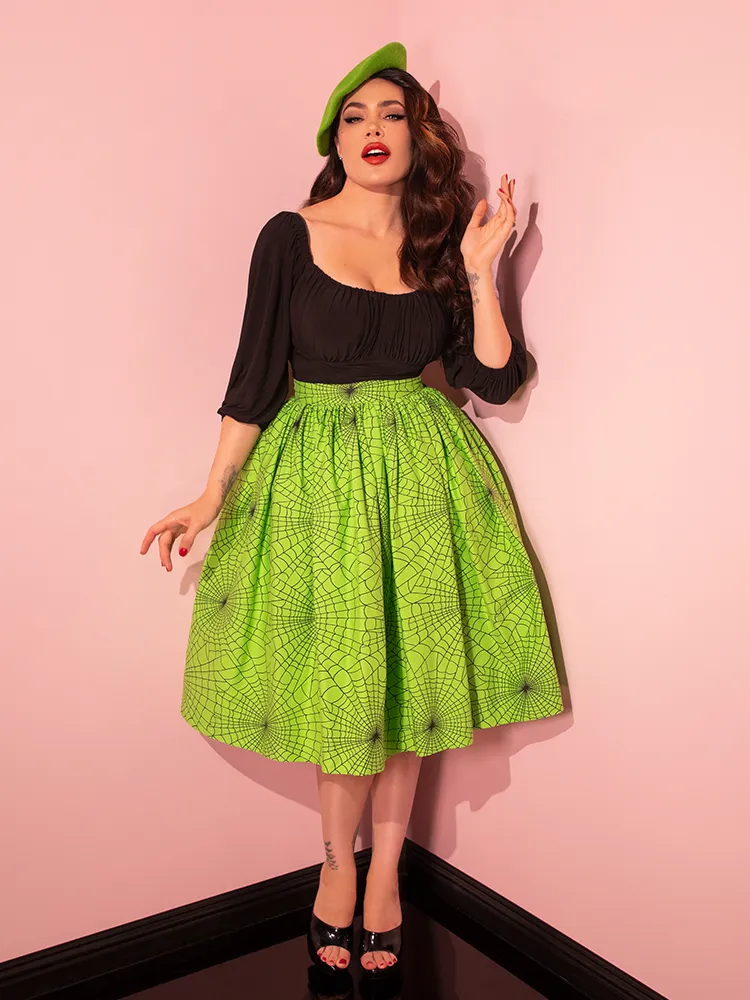 Vixen Swing Skirt in Slime Green Spider Web Print - Vixen by Micheline Pitt