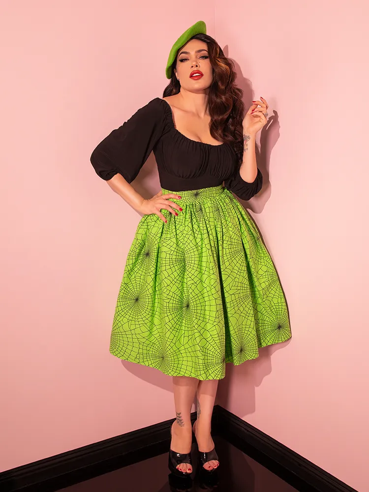 Vixen Swing Skirt in Slime Green Spider Web Print - Vixen by Micheline Pitt