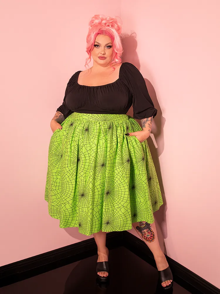 Vixen Swing Skirt in Slime Green Spider Web Print - Vixen by Micheline Pitt