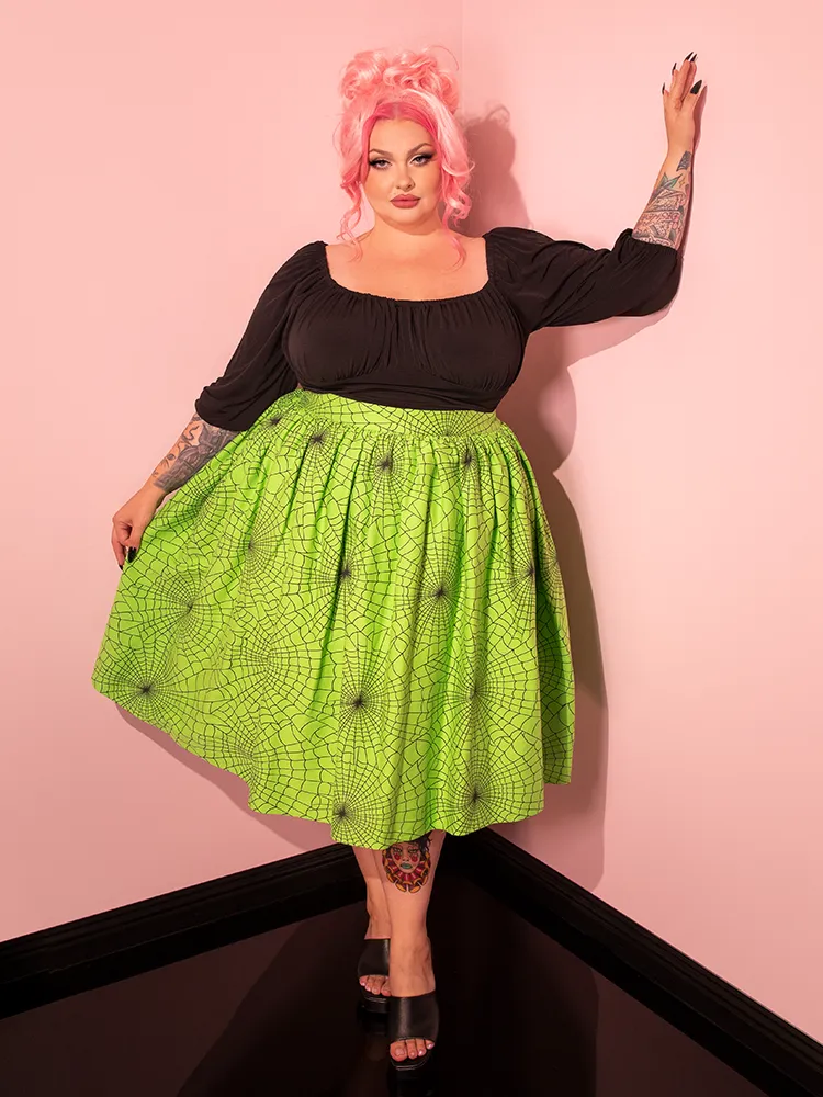 Vixen Swing Skirt in Slime Green Spider Web Print - Vixen by Micheline Pitt