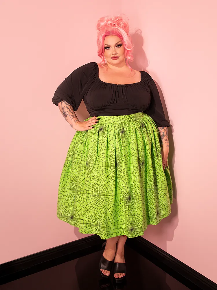 Vixen Swing Skirt in Slime Green Spider Web Print - Vixen by Micheline Pitt