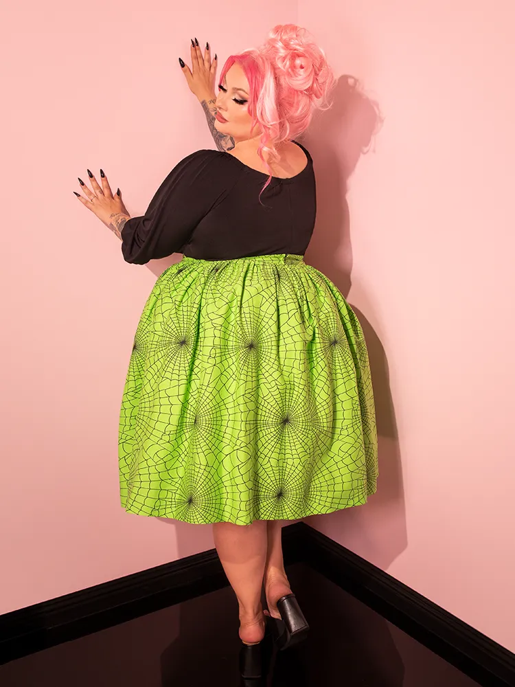 Vixen Swing Skirt in Slime Green Spider Web Print - Vixen by Micheline Pitt