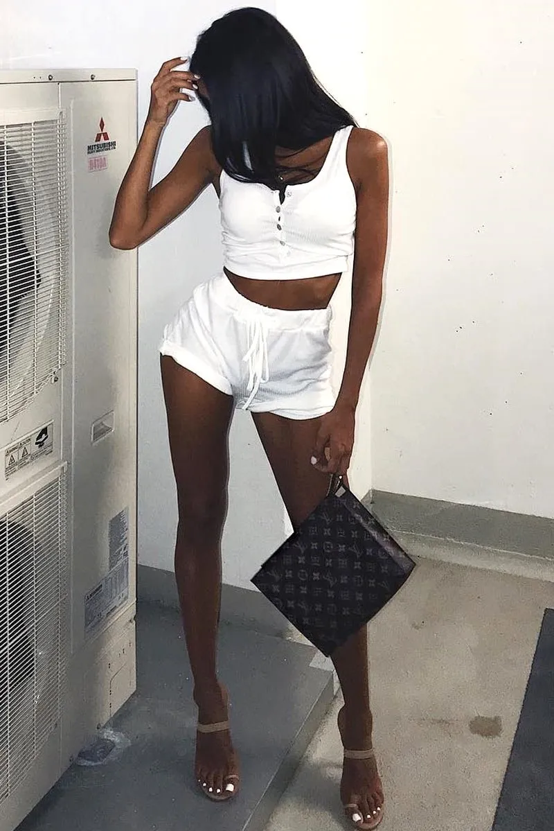 White Ribbed Button Top And Shorts Co-ord - Kenidi