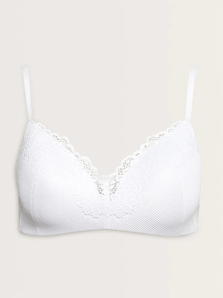 Wunderlove White Floral Lace Design Ribbed Padded Bra